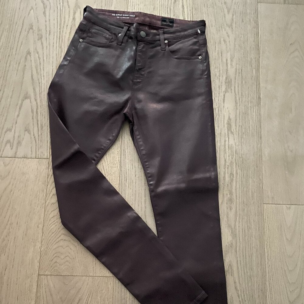 AG  Farrah  skinny jean for women features a leatherette-coated burgandy. 27